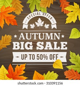 autumn big sale background with colored leafs on wood desk. editable. isolated.