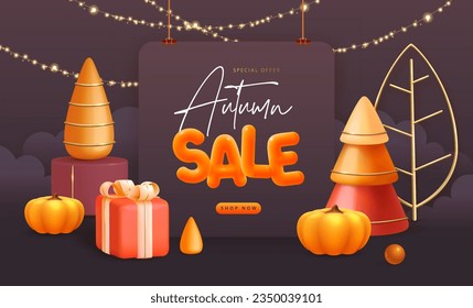 Autumn big sale banner  with 3d plastic podium, gift box, and pumpkins. Showcase design. Vector illustration