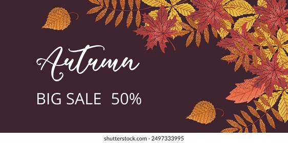 Autumn big sale banner with colorful leaves on dark background. Perfect for promotions, advertisements, and seasonal campaigns. Warm, inviting fall theme with vibrant leaf illustrations.