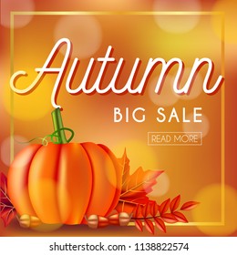 autumn big sale banner with pumpkin and leaves