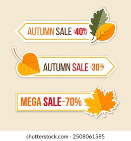 Otoño grandes Elementos de diseño de venta. Conjunto de pegatinas con hojas de otoño. Plantilla de diseño para la venta de compras, publicidad. Ilustración vectorial