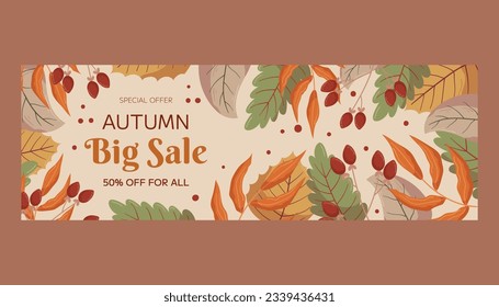 Autumn Big Sale horizontal banner template design with copy space. Frame with different leaves and berries on a twig. Marketing banner with a special offer.