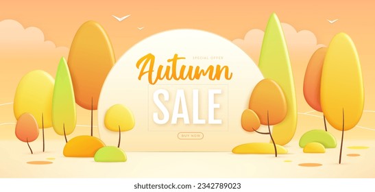 Autumn big sale poster with 3D plastic stage and landscape with trees and clouds. Vector illustration