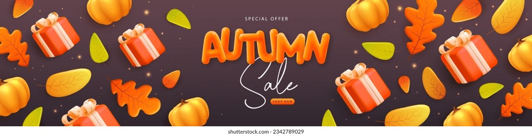 Autumn big sale poster with 3D plastic gift box, pumpkin and falling leaves. Vector illustration