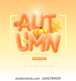 Autumn big sale poster with 3D plastic letters, pumpkin and falling leaves. Vector illustration