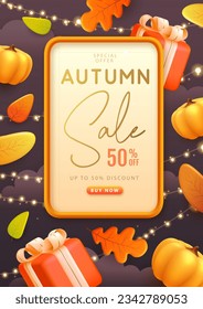 Autumn big sale poster with 3D plastic gift box, pumpkin and falling leaves. Vector illustration