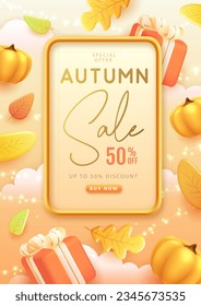 Autumn big sale poster with 3D plastic gift box, pumpkin and falling leaves. Vector illustration