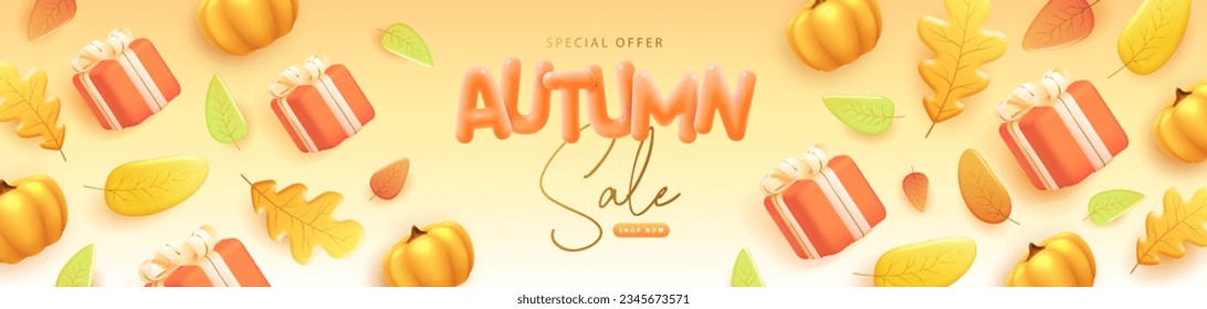 Autumn big sale poster with 3D plastic gift box, pumpkin and falling leaves. Vector illustration