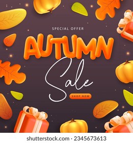 Autumn big sale poster with 3D plastic gift box, pumpkin and falling leaves. Vector illustration