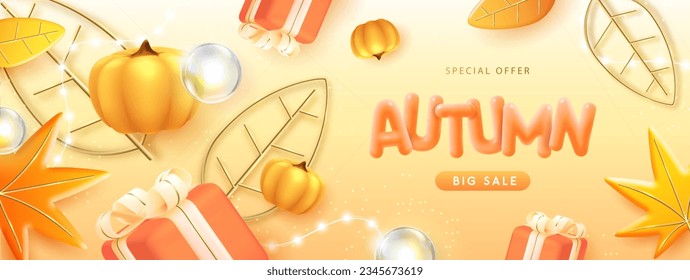 Autumn big sale poster with 3D plastic gift box, pumpkin, autumn leaves and string of lights. Vector illustration