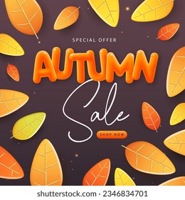 Autumn big sale poster with 3D orange falling autumn leaves. Autumn seasonal background. Vector illustration