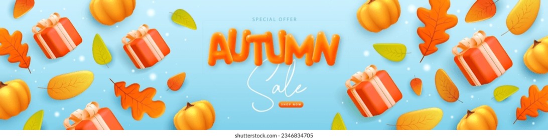 Autumn big sale poster with 3D plastic gift box, pumpkin and falling leaves. Vector illustration