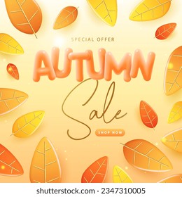 Autumn big sale poster with 3D orange falling autumn leaves. Autumn seasonal background. Vector illustration