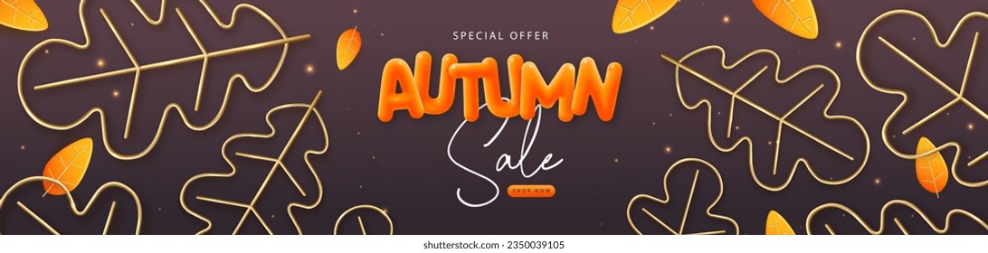 Autumn big sale poster with 3D orange falling oak leaves. Autumn seasonal background. Vector illustration