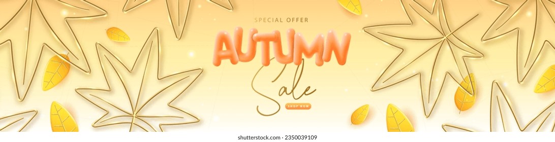 Autumn big sale poster with 3D orange falling maple leaves. Autumn seasonal background. Vector illustration