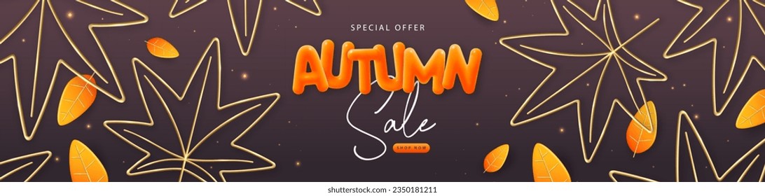 Autumn big sale poster with 3D orange falling maple leaves. Autumn seasonal background. Vector illustration