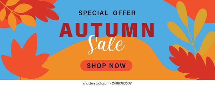 Autumn big sale poster with falling autumn leaves. Autumn seasonal background. Vector.