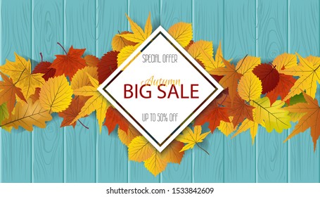 Autumn  big sale poster with autumn leaves on wooden background. Autumn background. Vector illustration