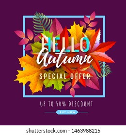 Autumn big sale typography poster with autumn leaves. Nature concept