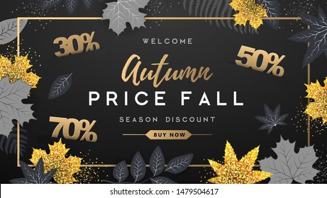 Autumn big sale typography poster with golden and black autumn leaves. Nature concept