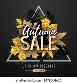 Autumn big sale typography poster with golden and black autumn leaves. Nature concept