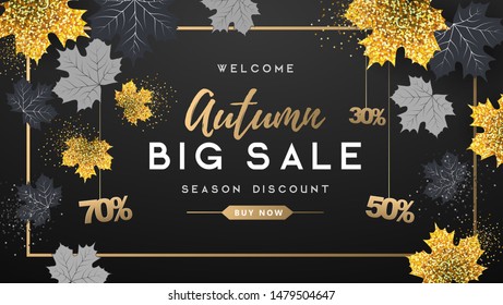 Autumn big sale typography poster with golden and black autumn leaves. Nature concept