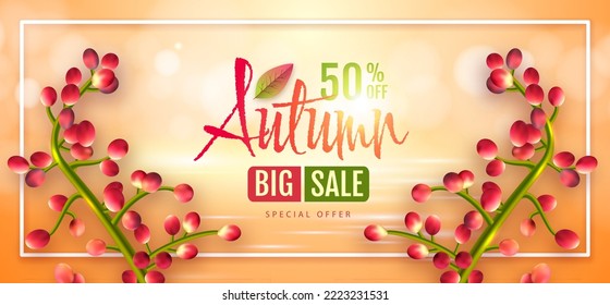 Autumn big sale typography poster with autumn leaves. Nature concept. Vector illustration