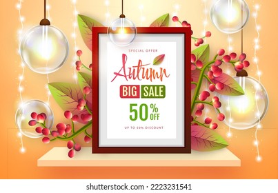 Autumn big sale typography poster with autumn leaves. Nature concept. Vector illustration