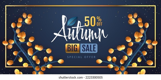 Autumn big sale typography poster with autumn leaves. Nature concept. Vector illustration