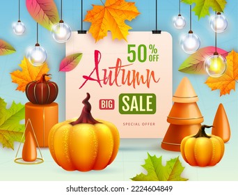 Autumn big sale typography poster with autumn leaves and pumpkins. Nature concept. Vector illustration