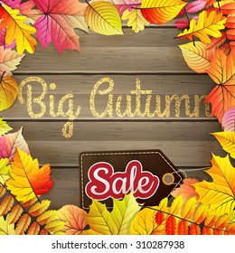 Autumn Big Sale typography poster on wood background. EPS 10 vector file included