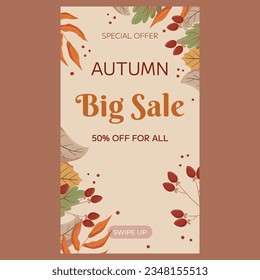 Autumn Big Sale vertical social media stories template design. Frame with different leaves and berries on a twig, copy space. Marketing banner with an exclusive deal