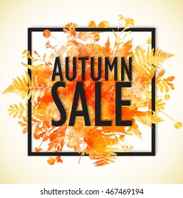 Autumn big sale - watercolor banner with orange folliage