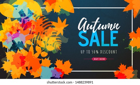 Autumn big sale watercolor poster with autumn leaves. Autumn background