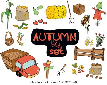 Autumn big set. For stickers. More than 20 elements. Harvesting machine, potato, branch, pointer, corn, bag of grain, hay, pitchfork, wheat, autumn leaves, apples, carrots, zucchini and other.