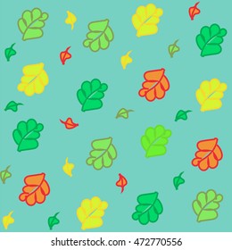 Autumn big and small size leaves mix in three colors seamless vector pattern on cambridge-blue background