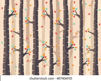 Autumn Birch Forest Background with Falling Leaves. 