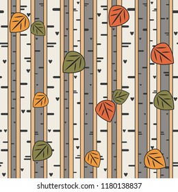 Autumn birch forest with leaves seamless pattern. Cute pretty vector illustration for wallpaper, print, textile, design