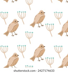 Autumn bird with floral elements - seamless pattern. Vector illustration can use for wallpaper, poster, print. 