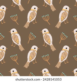 Autumn bird with floral elements - seamless pattern on brown background. Vector illustration can use for wallpaper, poster, print. 