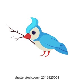 Autumn bird holding in beak twig fallen from tree illustration. Cartoon drawing of bird with twig on white background. Autumn or fall concept