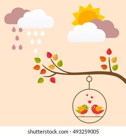 autumn bird on a swing on a branch