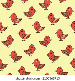 Autumn Bird Seamless Pattern. Doodle, hand drawn, comic.