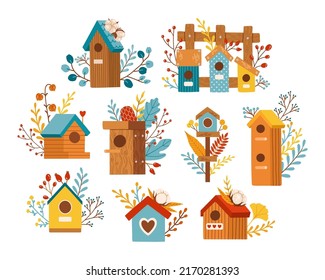 Autumn birdhouse fall season set vector illustration elements