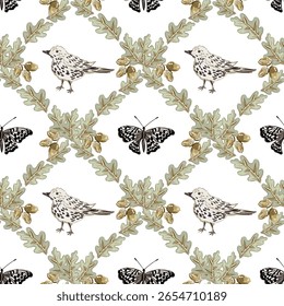Aves de outono, borboletas, folhas de carvalho, bolotas, fundo branco. Padrão sem emenda do vetor. Ilustração da temporada de outono. Projeto de natureza florestal