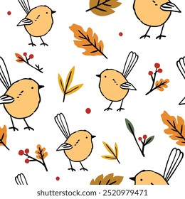 Autumn birds with colorful foliage seamless pattern