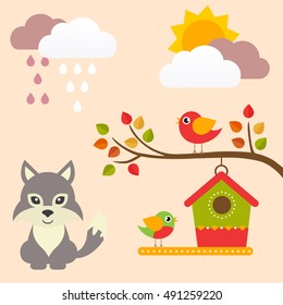 autumn birds on a branch and wolf