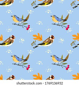aves otoñales repetido patrón vectorial sin fisuras con elementos dorados, robin y plantas para el diseño de tejidos y superficies