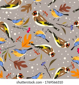 Autumn birds repeated seamless vector pattern with goldfinch, robin and plants elements for fabric and surface design non directional