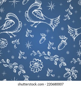 Autumn birds. Seamless pattern drawn in chalk.